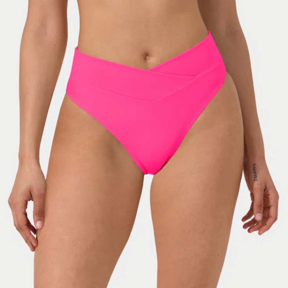 HALARA Crossover Bikini Bottom Pink High Waist High Cut Cheeky Sporty Beach
